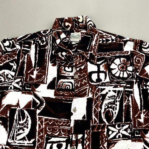 Vintage Diamond Head Hawaiian Shirt Adult XL Brown Surf Beach Tribal Button 60s - Picture 2 of 10